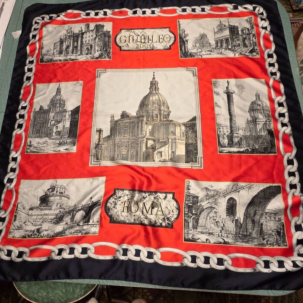 Vintage Roma Giubileo 2000 Scarf Italian Red Black Chain Print Square 33.5 x 34